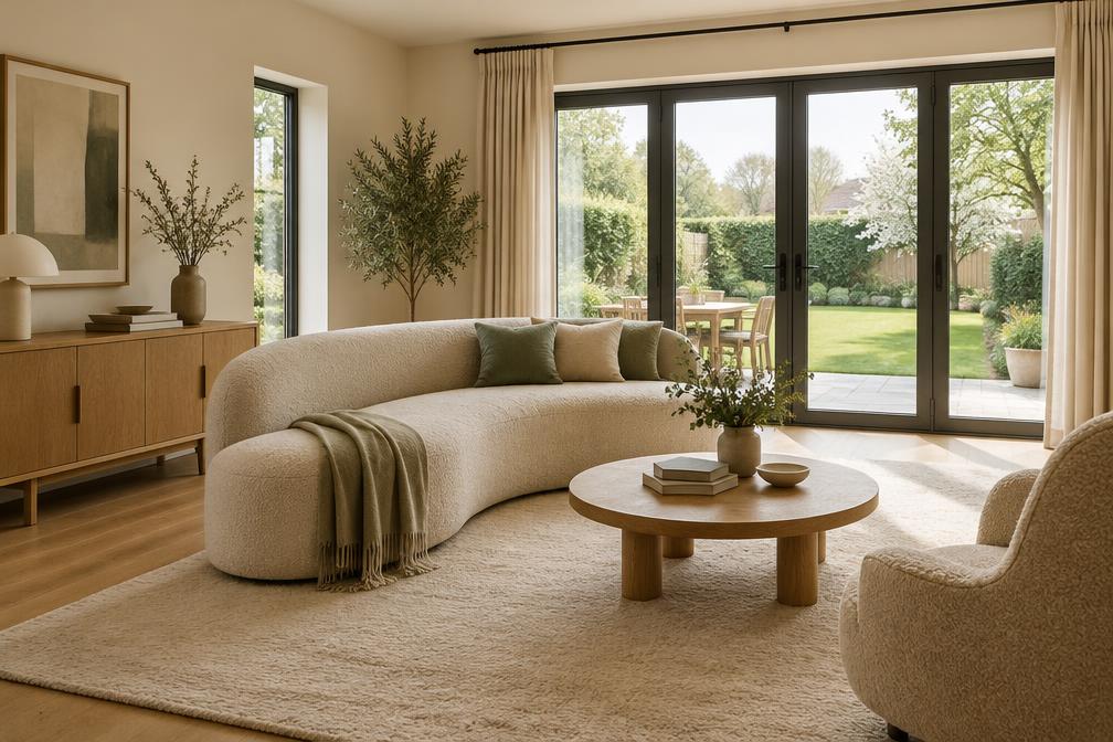 Living room with curved mohair sofa, oak sideboard and wide garden doors