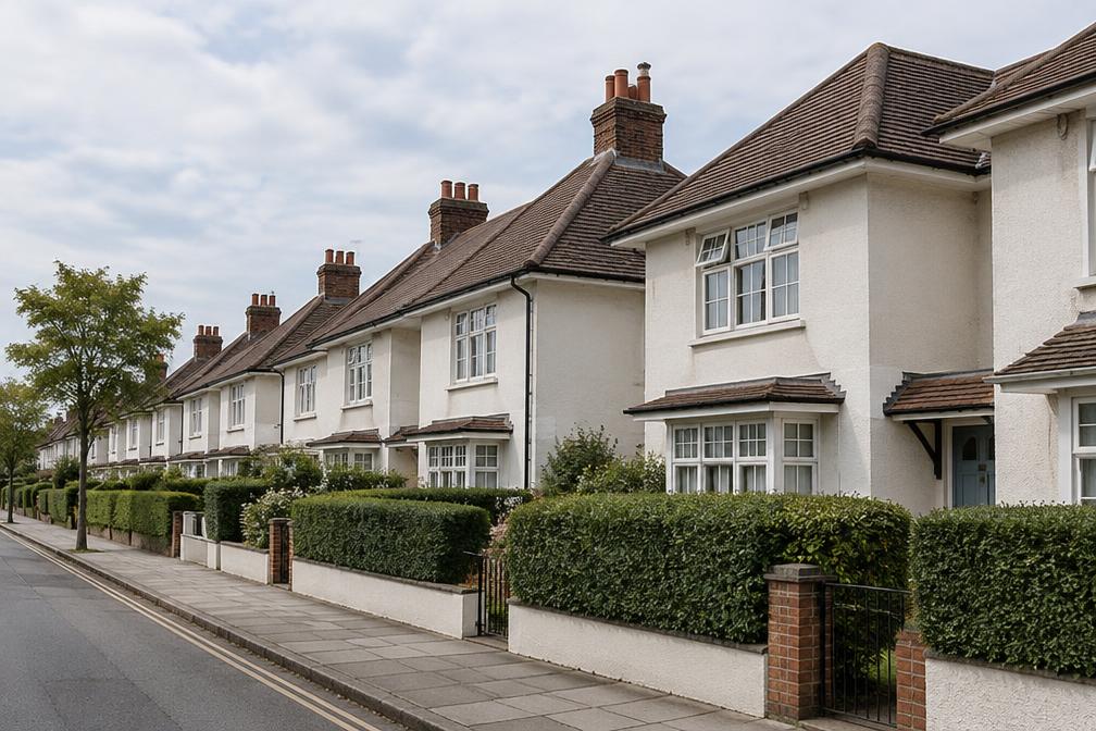 Garden-city style terrace of rendered cottages with hipped roofs and hedges