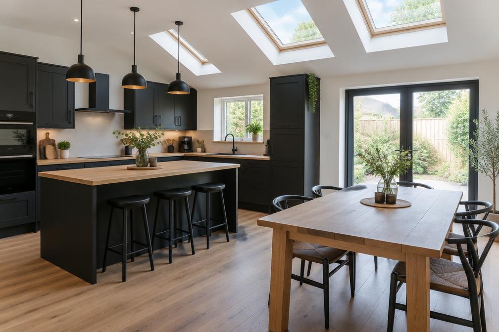 Refurbished kitchen-diner with matt black fittings, timber worktop and rooflights