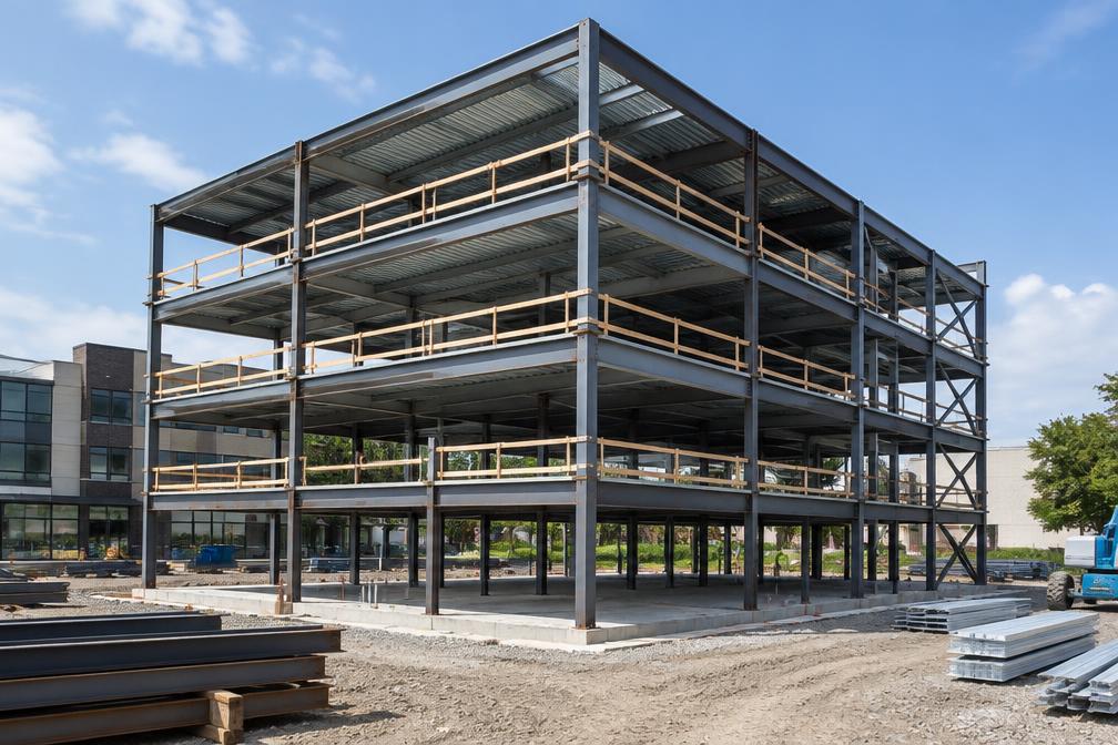 Steel frame being erected for a mixed-use building in a town centre