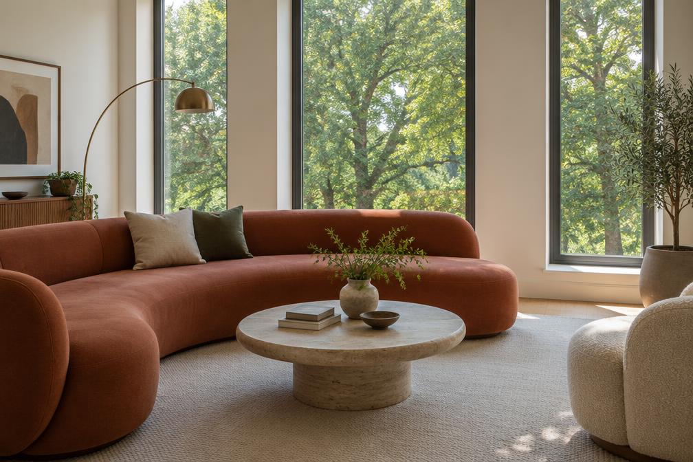 Modern apartment with curved terracotta sofa, round stone coffee table and tall windows onto trees