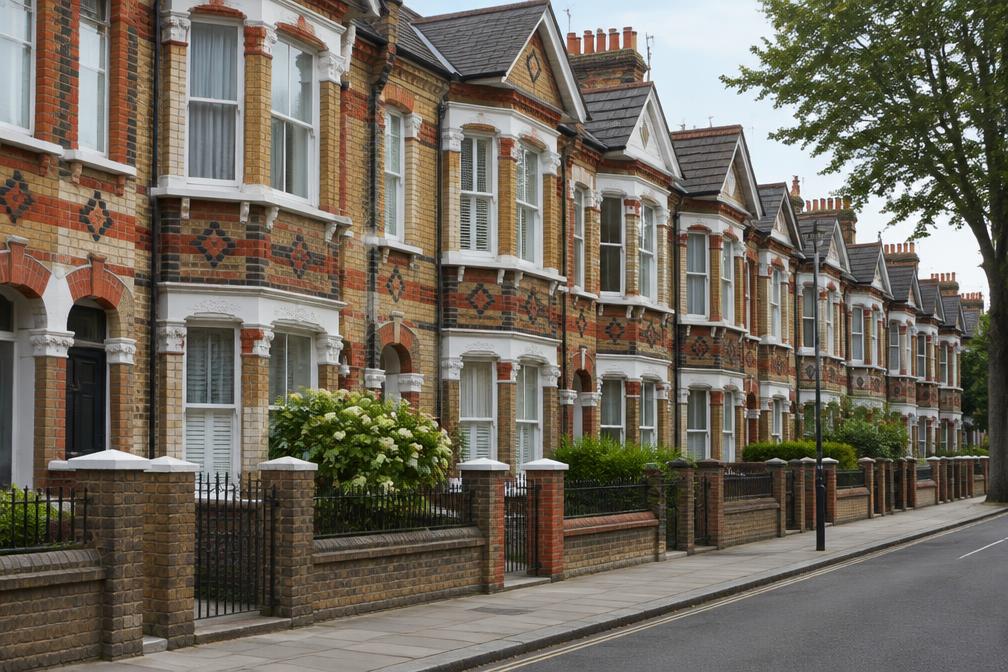 Victorian terraced street with bay windows and decorative brick details