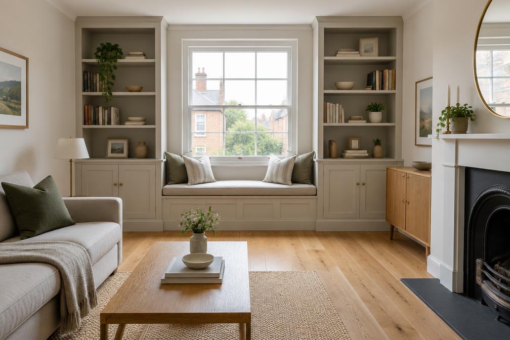 Refurbished flat with oak floor, pale walls and built-in joinery