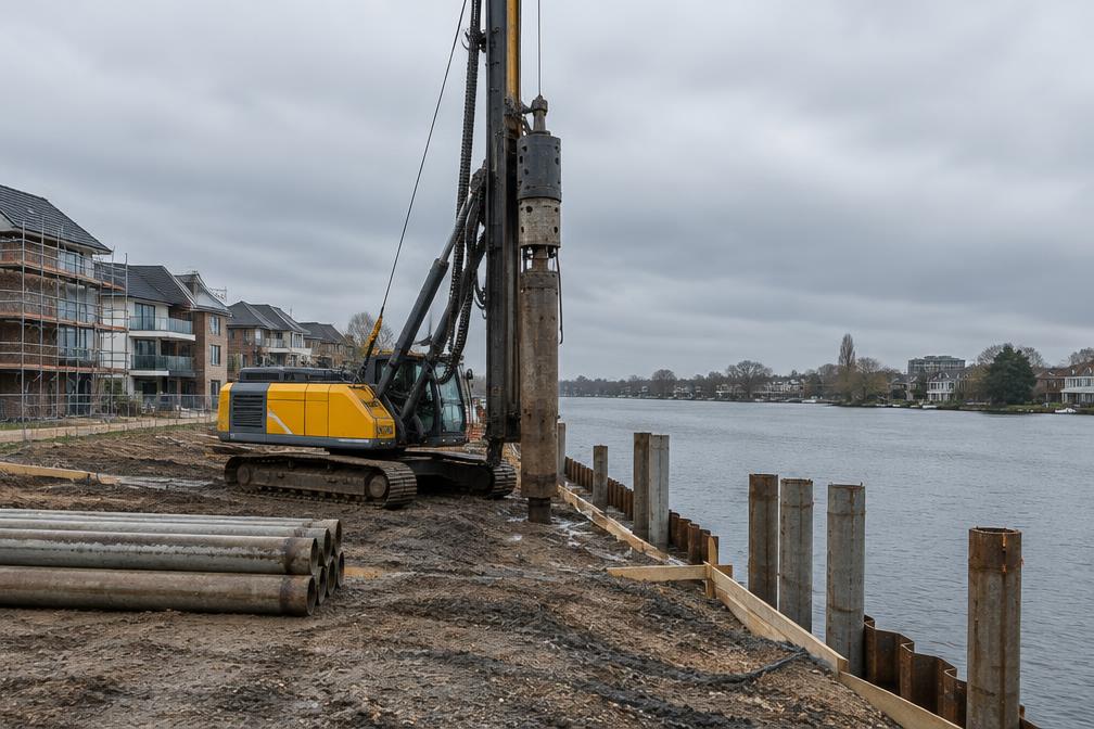 Piling rig on a riverside residential construction site