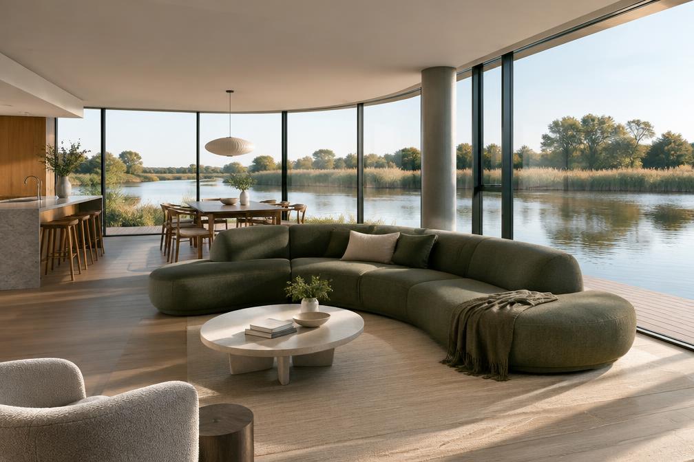 Open-plan riverside flat with curved sofa and floor-to-ceiling glazing