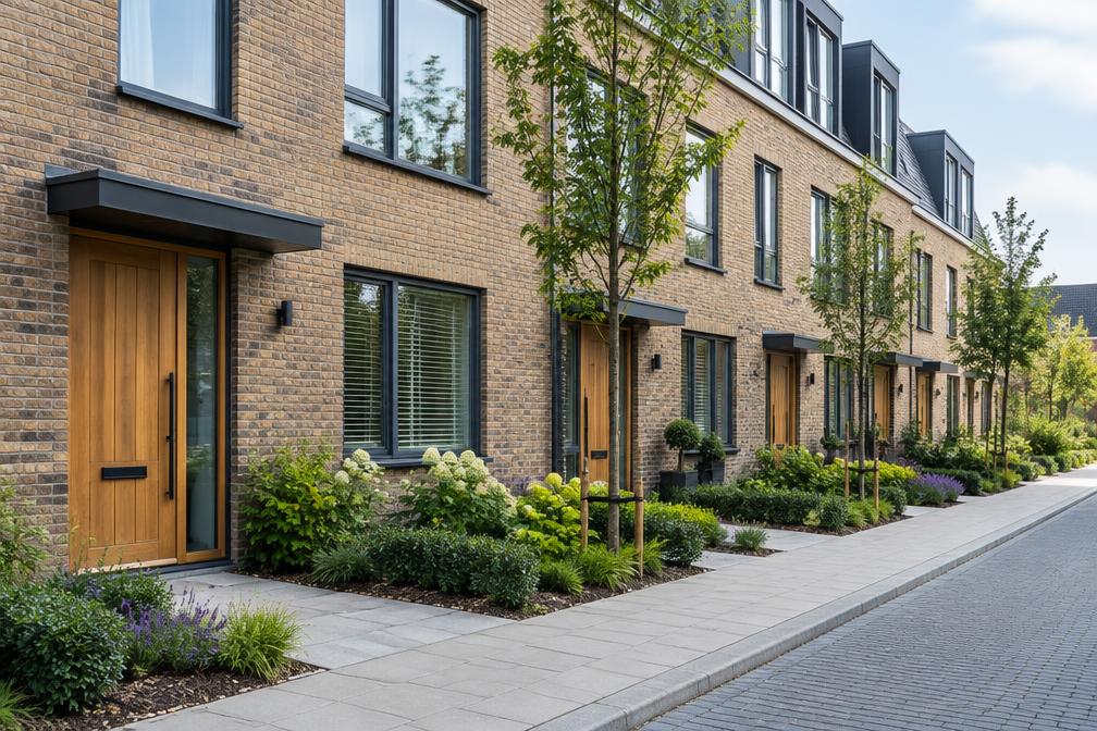 Contemporary townhouses with timber doors along a landscaped street