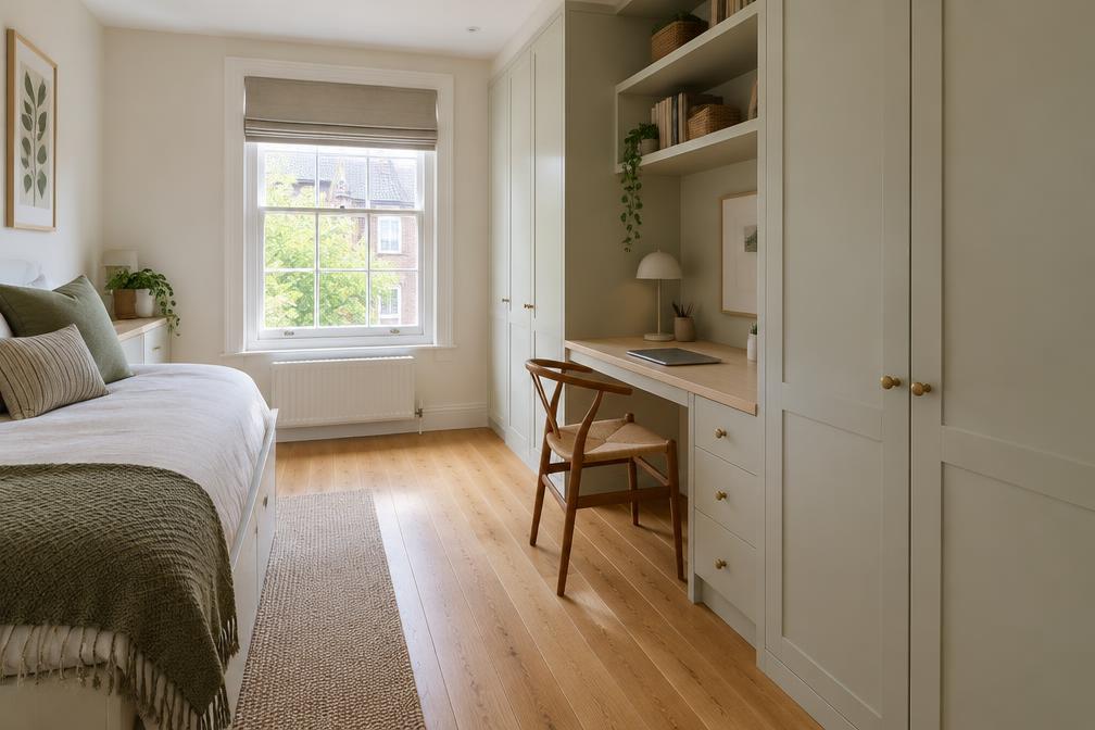 Refurbished apartment interior with oak floor and pale joinery