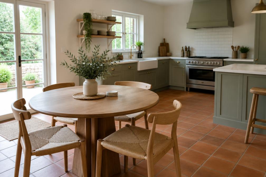 Kitchen diner with terracotta floor tiles and a round timber table in Barkingside