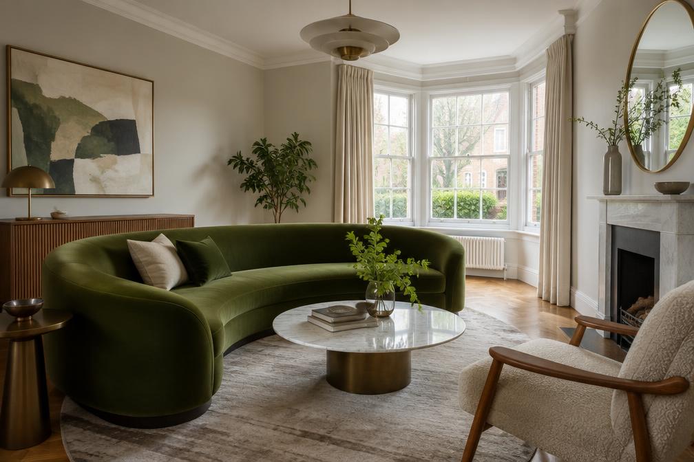 Refurbished living room with a curved green velvet sofa in Barkingside
