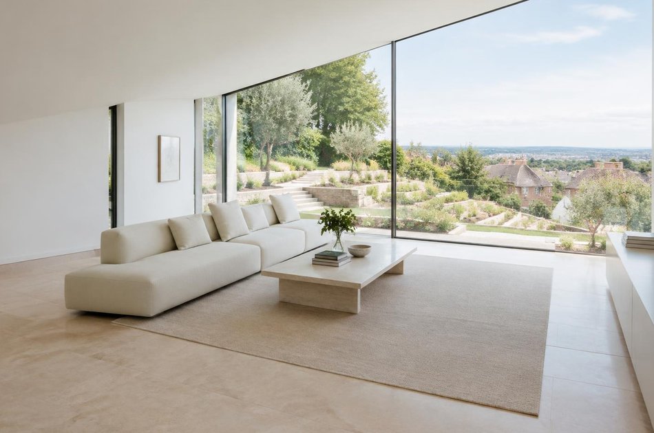 Contemporary living space opening onto a garden in Barn Hill