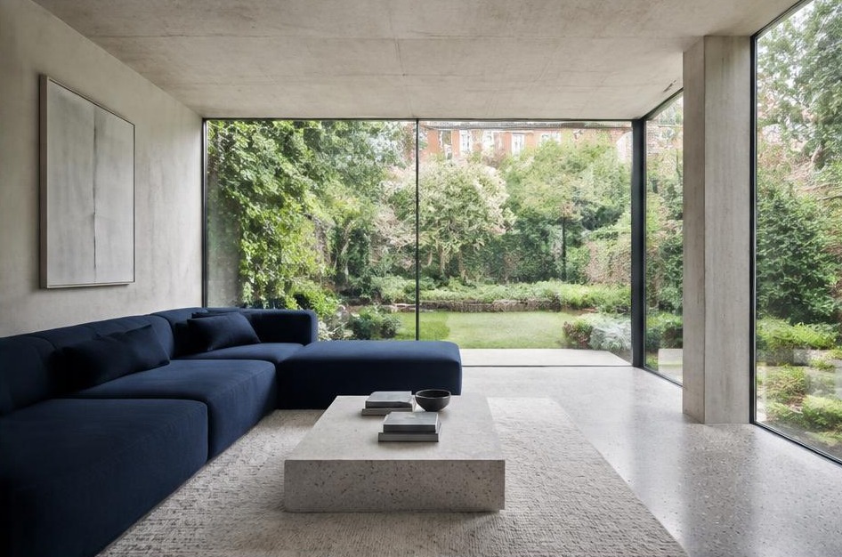 Minimalist garden living space with broad glazing in Barnes