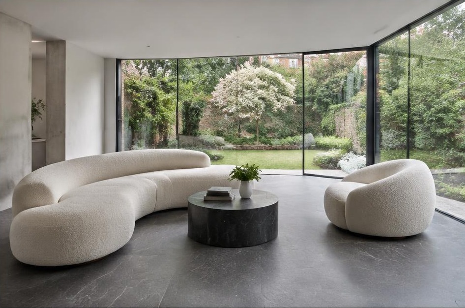 Contemporary refurbished living room with local residential garden views in Barnes