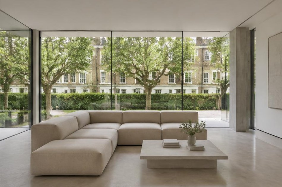 Minimalist living space with broad glazing onto local streets in Barnsbury