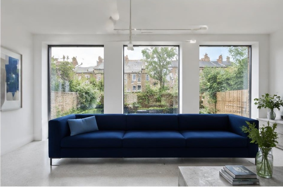 Minimalist living room with a structured fabric sofa and views of Balham homes and gardens