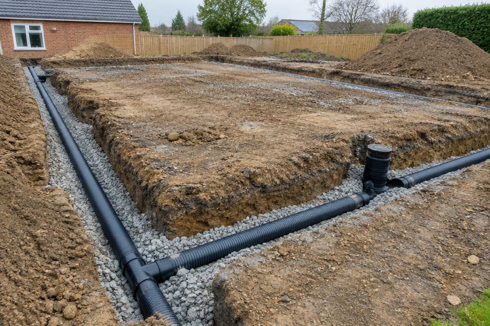 Groundworks and drainage trenches on a level residential plot