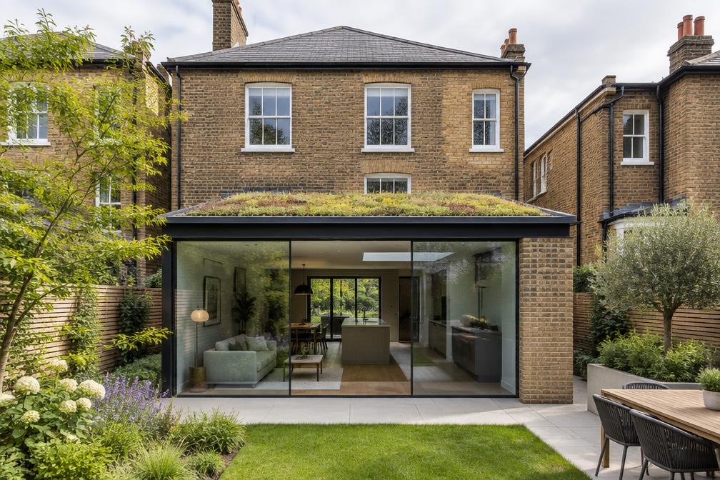 Modern detached house with a glazed rear extension and flat green roof