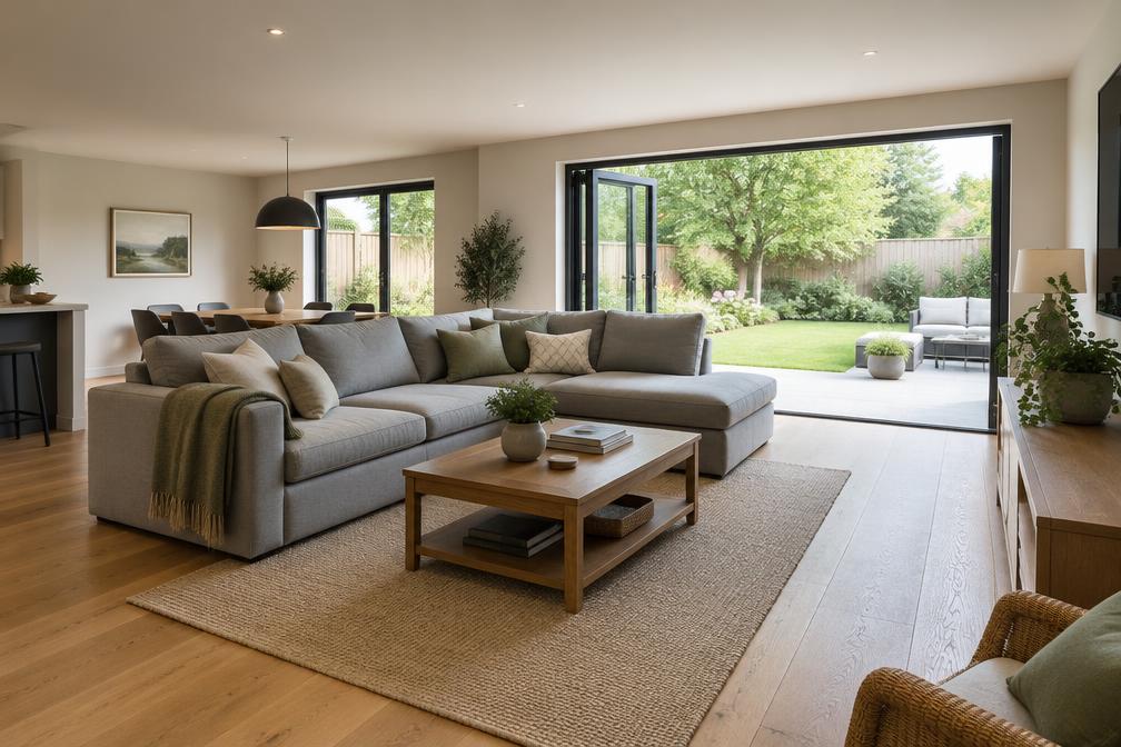 Open family room with grey sectional sofa, oak floor and garden views