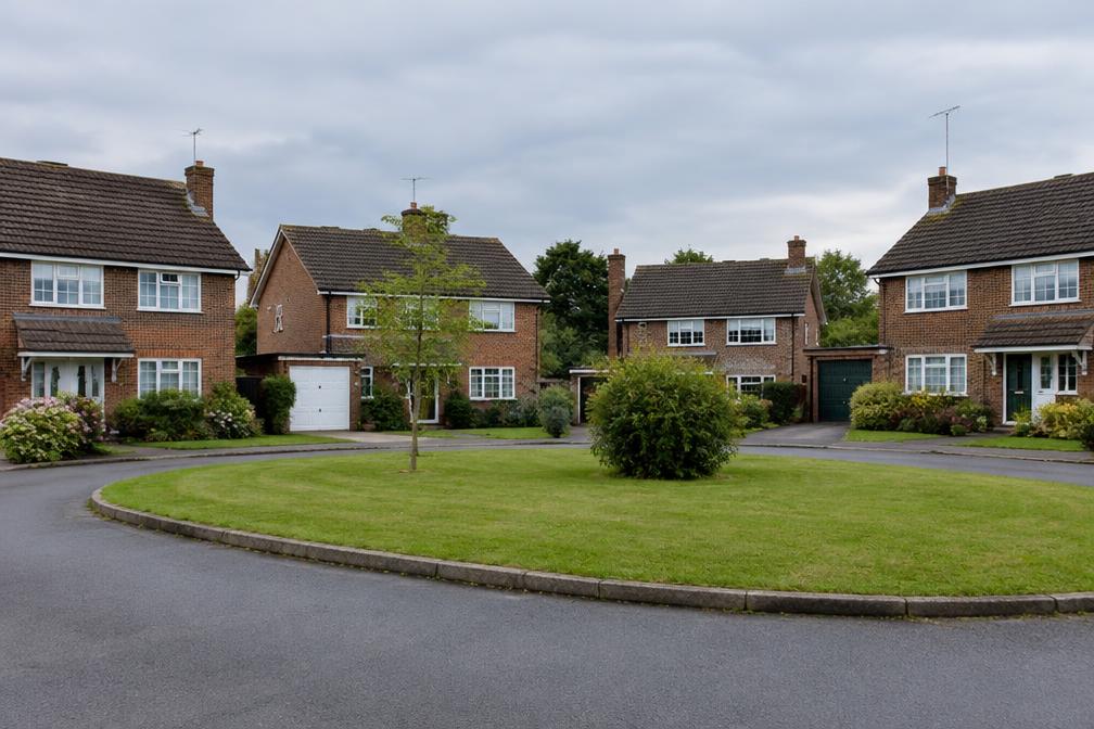 Late-twentieth-century brick housing with pitched roofs and cul-de-sac lawns