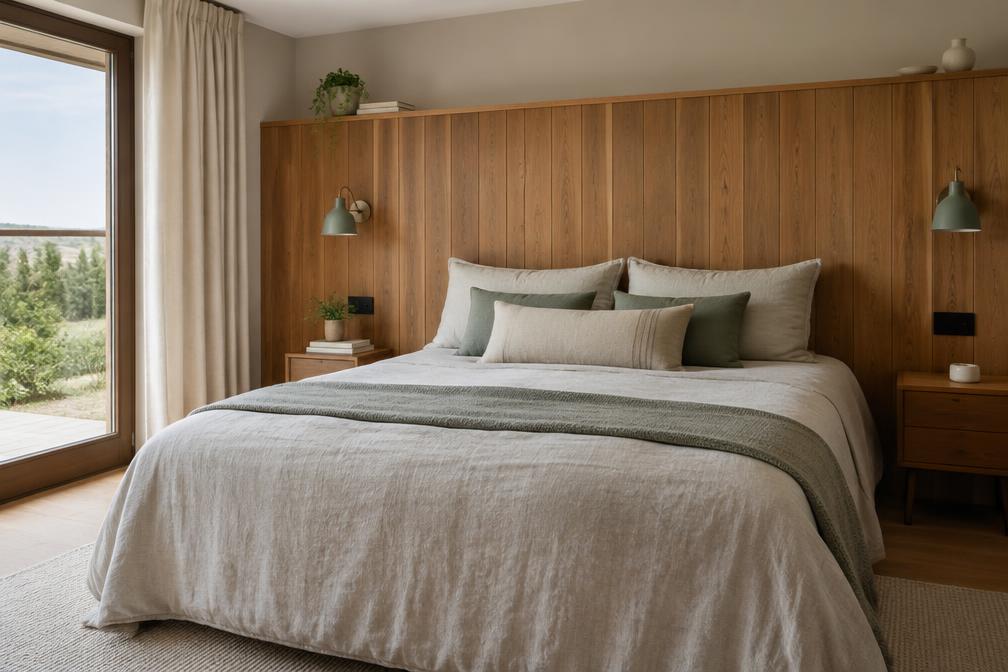 Refurbished bedroom with timber headboard wall, linen bedding and soft daylight