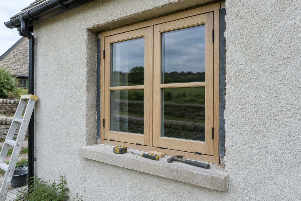 Joiner fitting new timber casement windows into a rendered cottage
