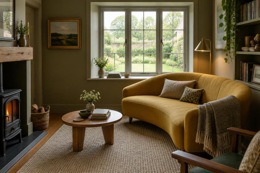 Snug with small curved sofa, wool rug and casement window onto a garden
