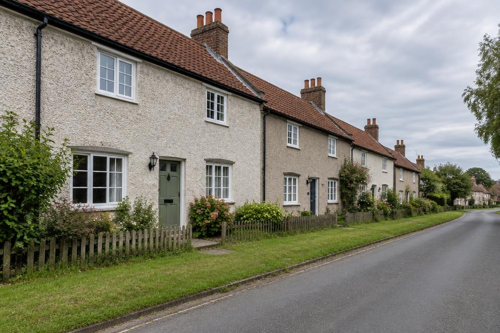Cottage terrace with roughcast render, clay-tiled roofs and grass verges