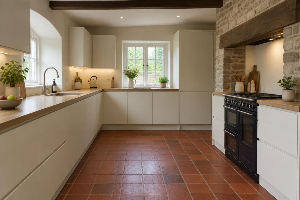 Refurbished cottage kitchen with handleless units and quarry-tile floor