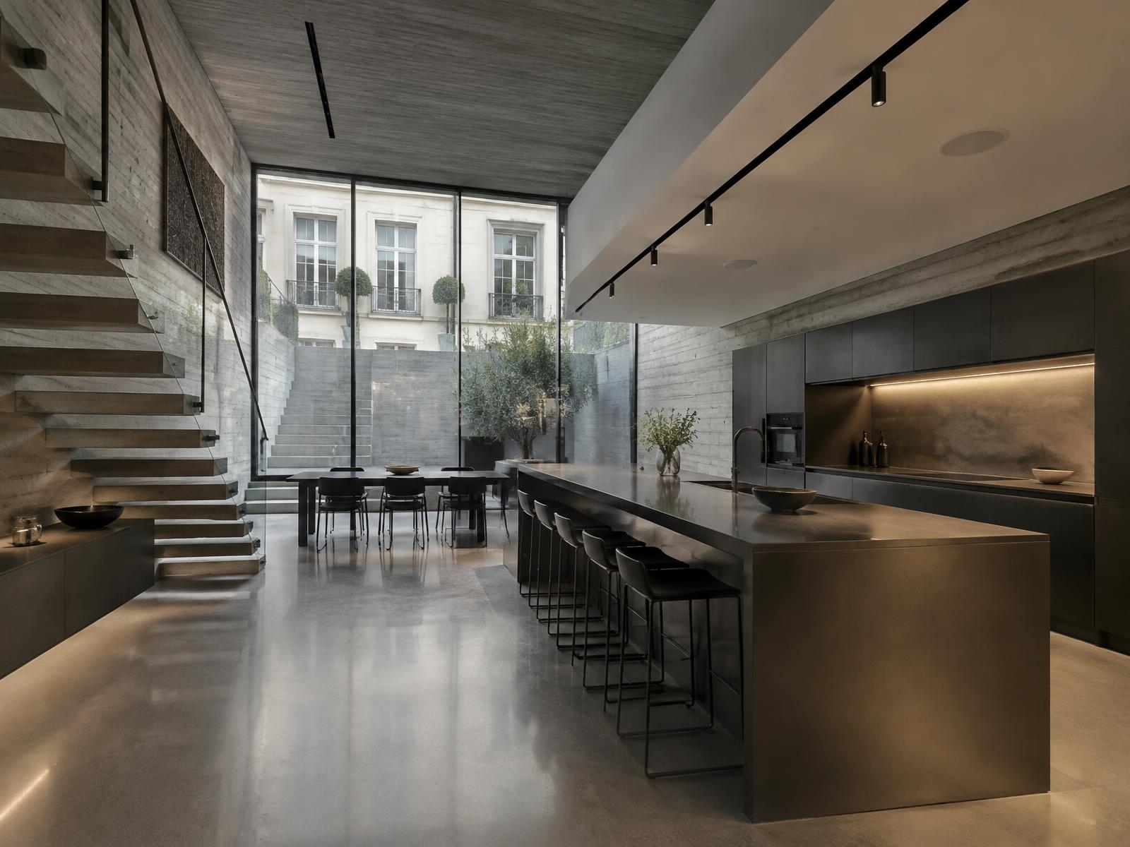 Board-marked concrete lower-ground kitchen with floating stair and glazed lightwell beneath a Belgravia townhouse
