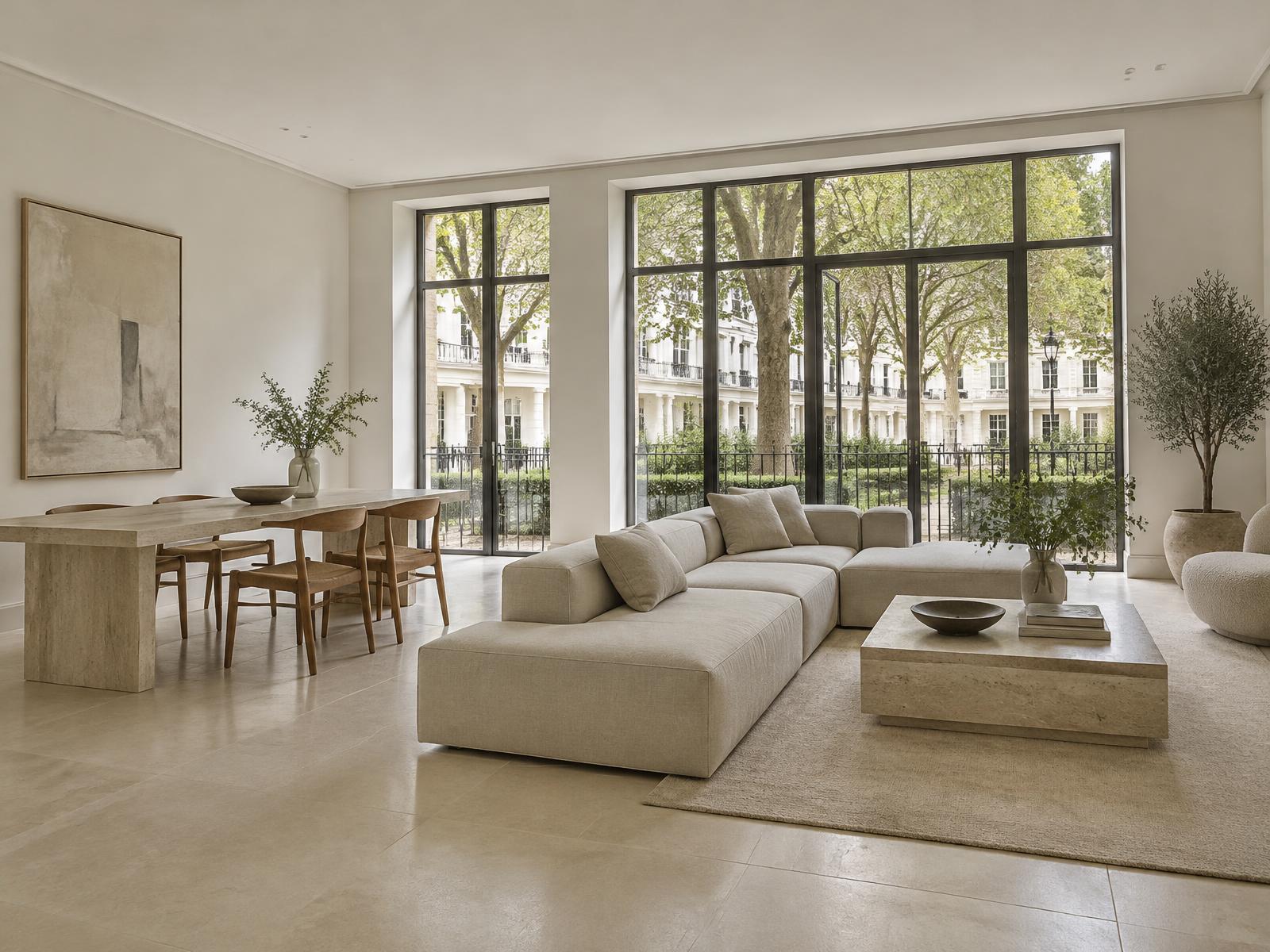 Pared-back limestone and linen living space with steel-framed glazing onto a Belgravia garden square