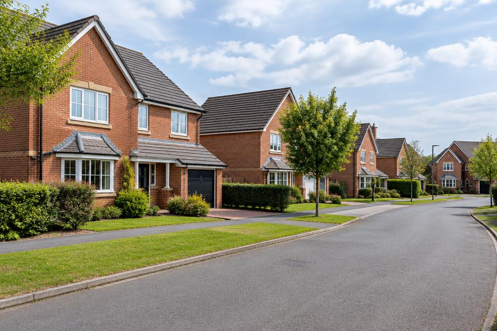 Quiet suburban road on a gentle hill with large detached houses and verges
