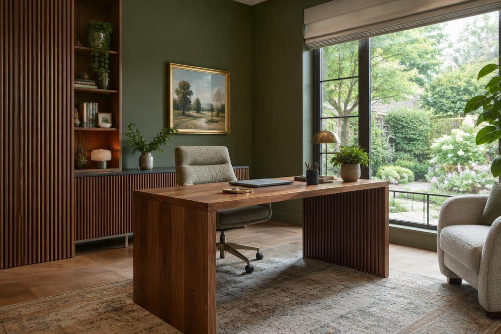 Refurbished home office with walnut desk, linear sofa and garden view