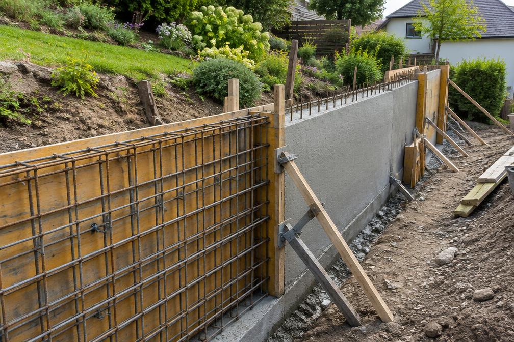 Retaining wall and foundations being built on a sloping residential plot
