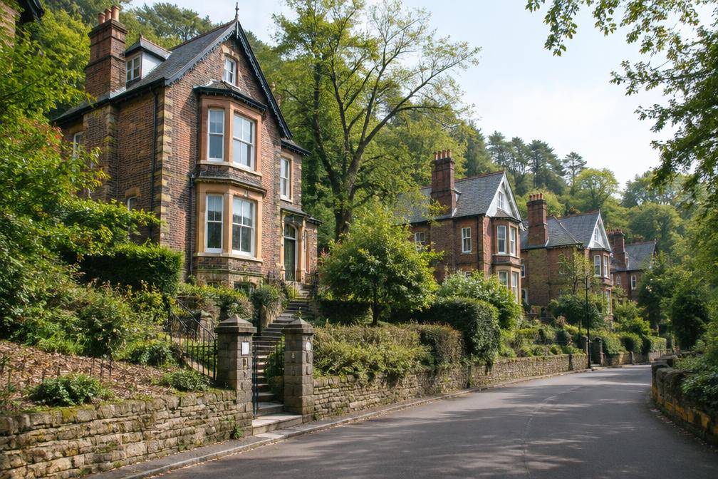 Hillside road of Victorian houses with steps up to front doors