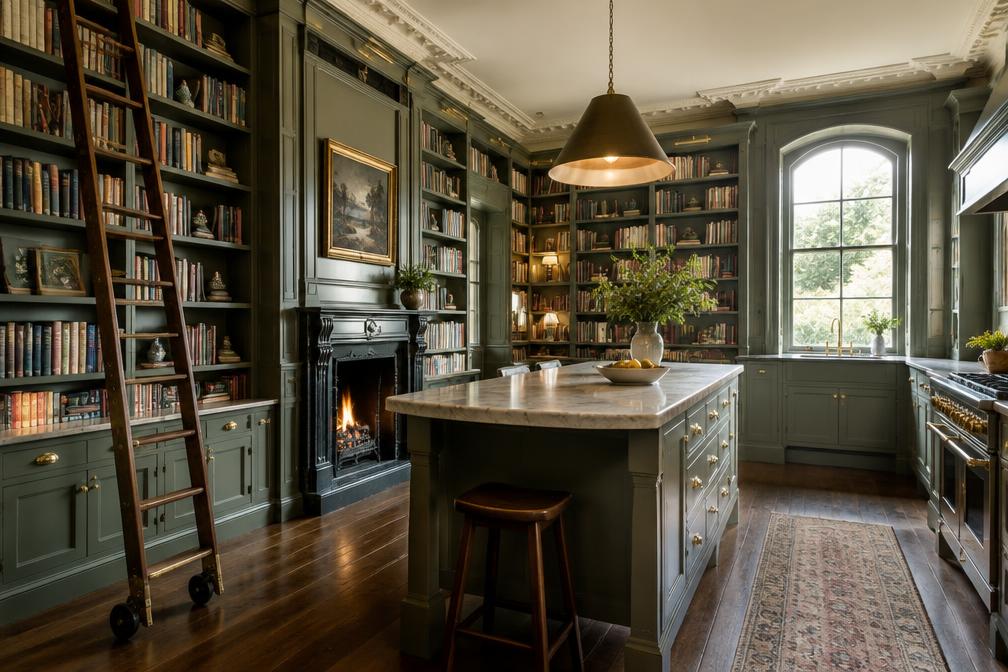 Refurbished kitchen with compact island, matte black fittings and garden glazing