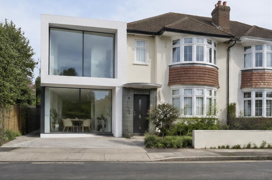 Bold contemporary residence beside moderne-style 1930s homes in Berrylands