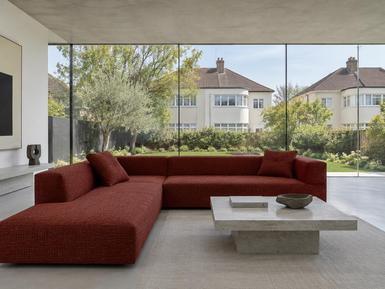 Minimalist living space with local residential garden views in Berrylands