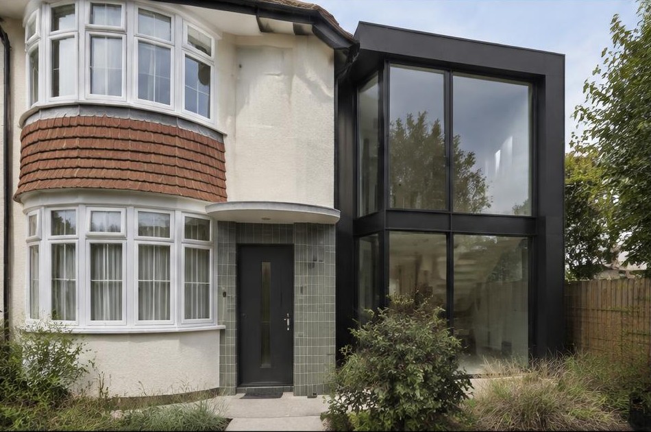 Retained original facade beside a dominant contemporary glazed addition in Berrylands