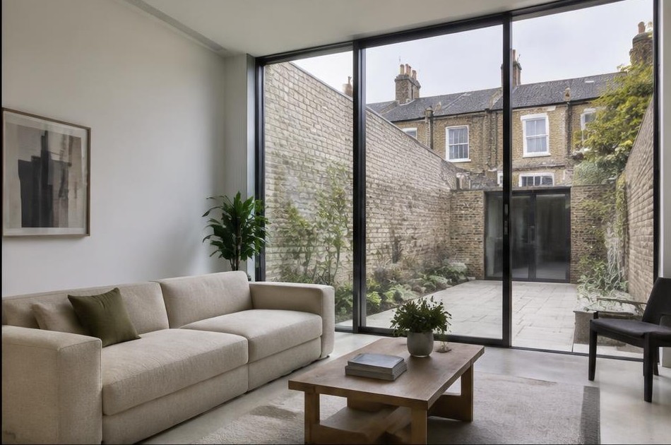 Minimalist living space with local residential garden views in Bethnal Green