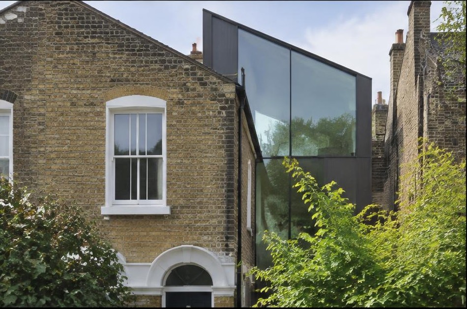 Retained original facade beside a dominant contemporary glazed addition in Bethnal Green