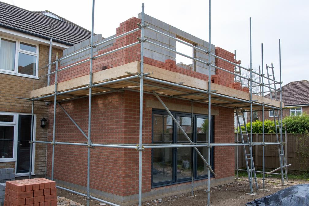 Builders laying blockwork for a single-storey extension in a suburban garden
