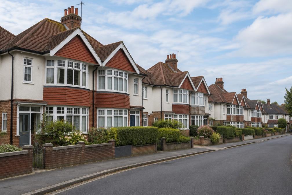 Row of inter-war semi-detached houses with mock-Tudor gables on a leafy road