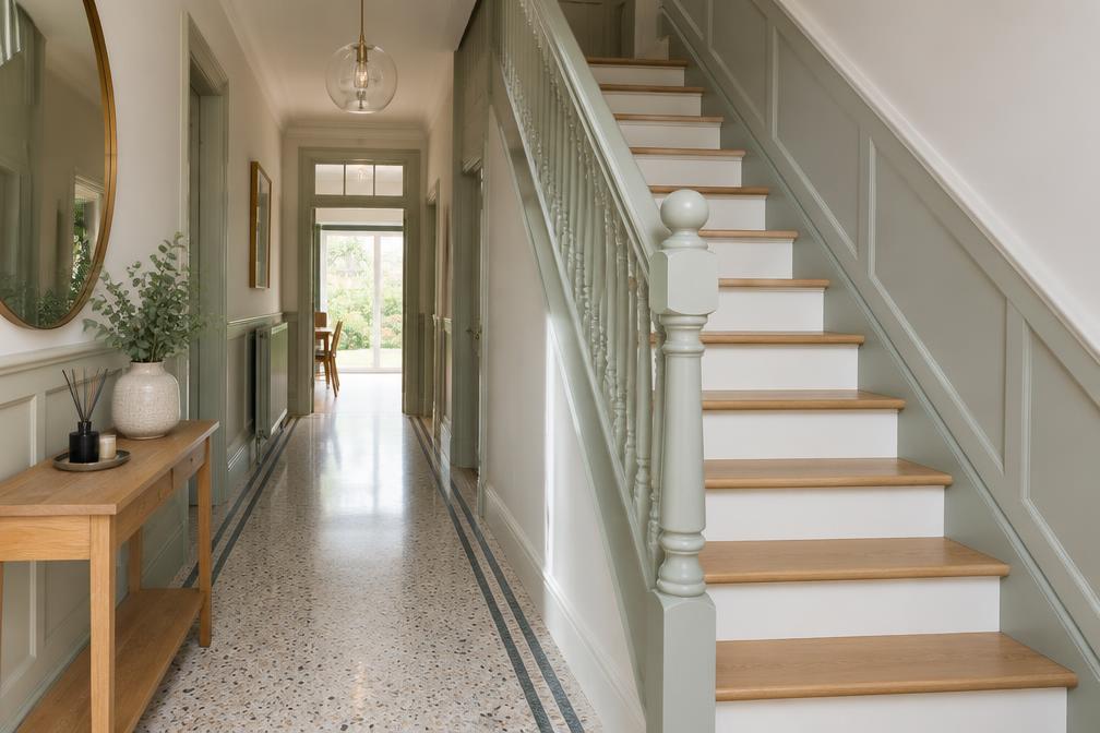 Refurbished hallway with herringbone floor, pale walls and slim stair balustrade