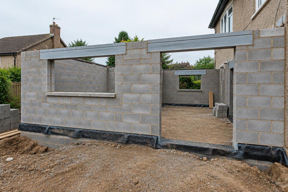 Loft dormer under construction with timber framing on a hipped roof