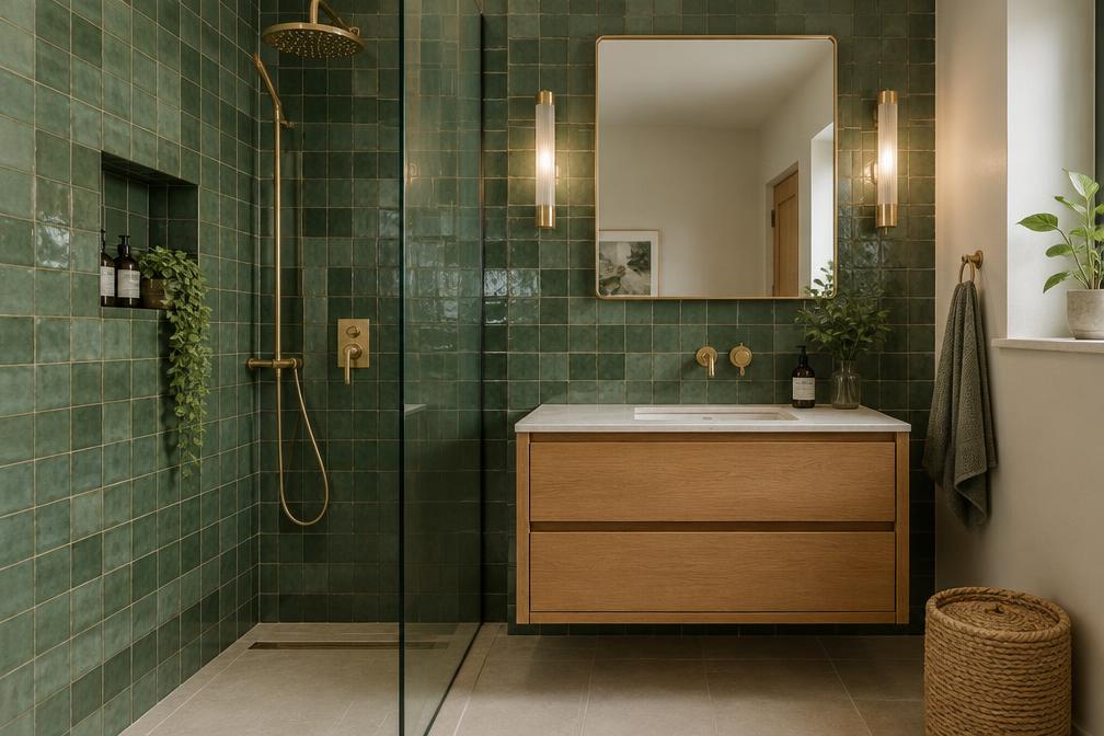 Refurbished family bathroom with large-format porcelain and walk-in shower