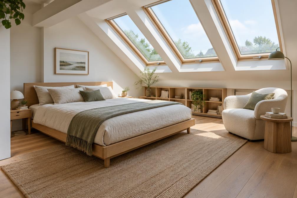 Open living area with small curved sofa, pale oak shelving and garden doors