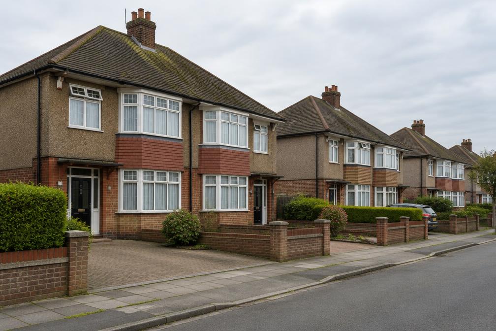 Modest inter-war semi-detached houses with bay windows and front gardens