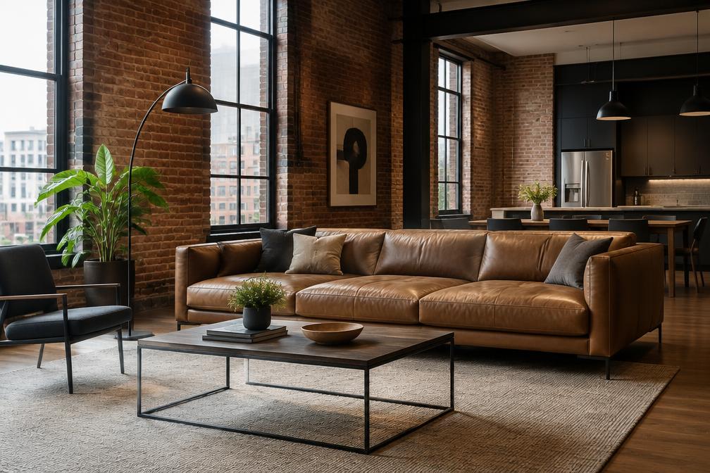 Warehouse-style living space with exposed brick and a leather sofa in Blackhorse Road