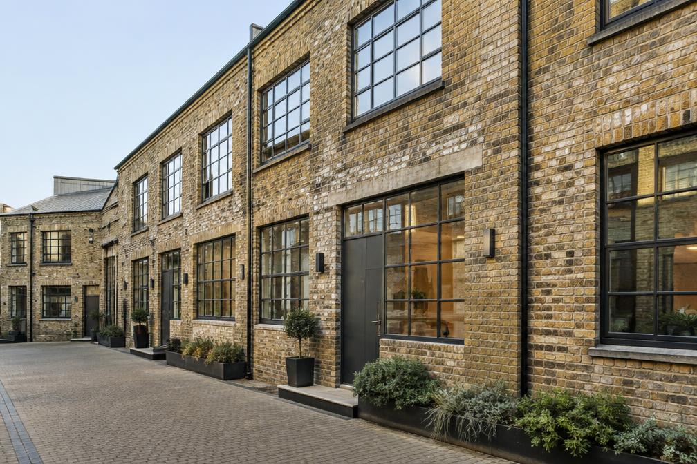 Former industrial building converted to homes with steel-framed windows in Blackhorse Road