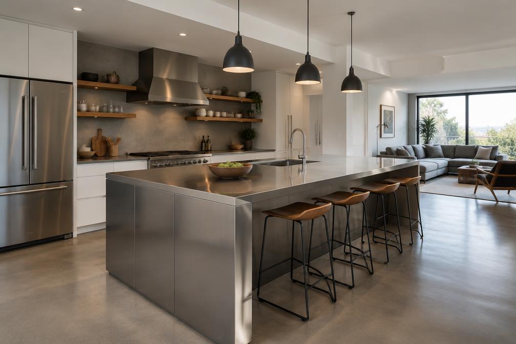 Refurbished kitchen with stainless steel island and concrete floor in Blackhorse Road
