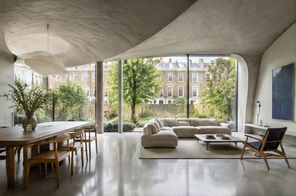 Bold contemporary architecture beside local residential buildings in Bloomsbury
